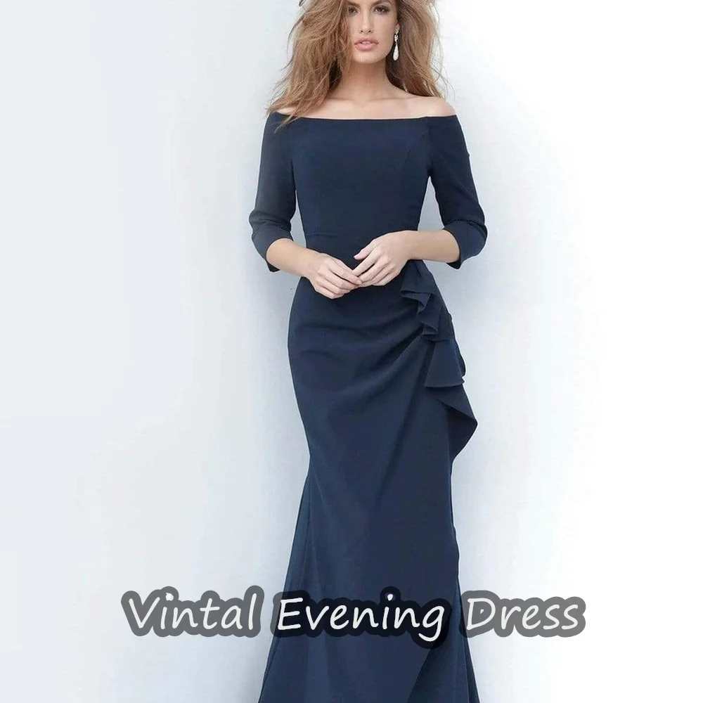 Vindal Floor Length Avondjurk Elegante Crêpe Ruche Prom Jurken 3/4 Mouwen Off-The-Shoulder Neklinnen Voor Vrouw 2024