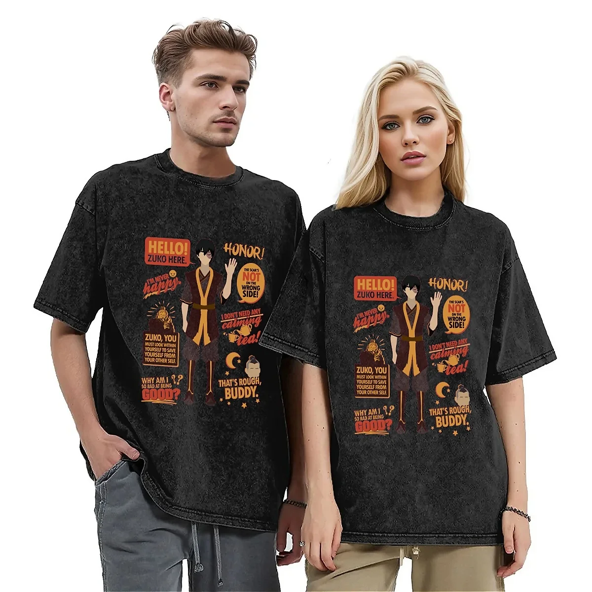 Hello Zuko Here Avatar Washed T-Shirt Men Women The Last Airbender Streetwear Casual T Shirts Summer O Neck Tees Design Oversize