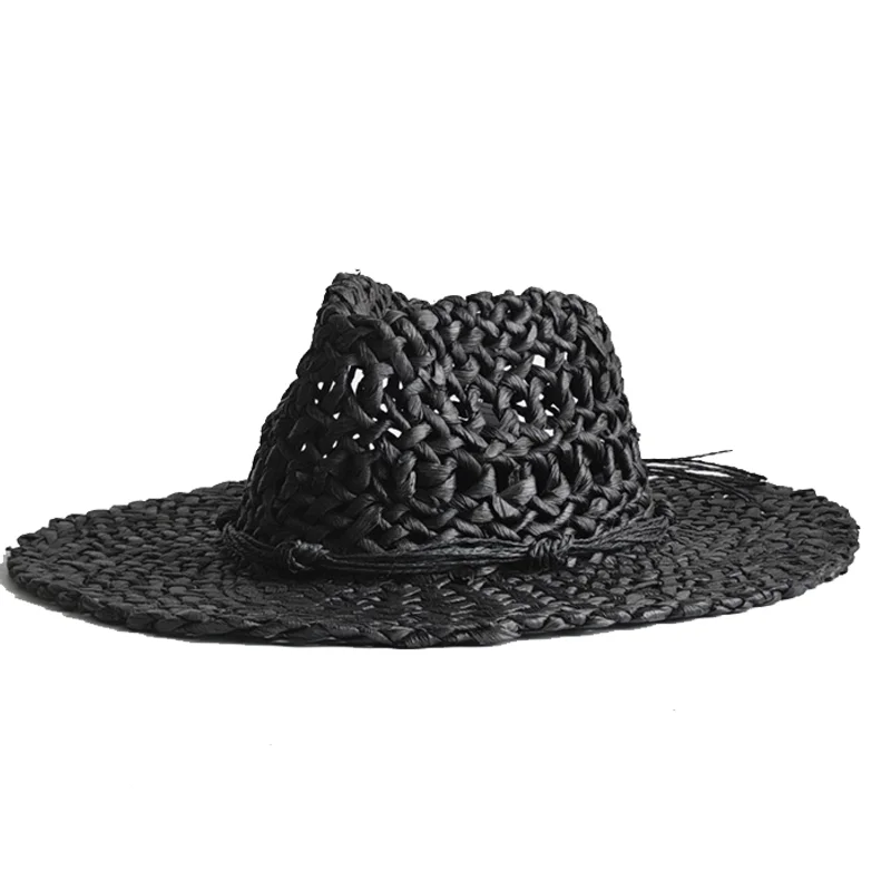Black corn husk straw Panama hat Bohemian Straw Hat Women Men Western Cowboy Hats Wooden Beads Hollow Out Sun Hat Holiday