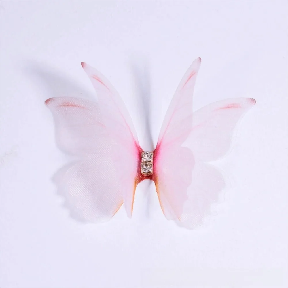 50Pcs 3D Organza Fabric Butterfly Appliques Rhinestone Double-layer Simulation Mesh Butterfly Patch Colorful Translucent