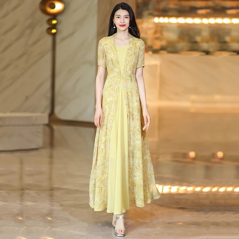 

New Women Yellow Floral Dress Summer Fashion V-Neck Short Sleeve High Waist Slim Dress Elegant Patchwork Print Long Dress