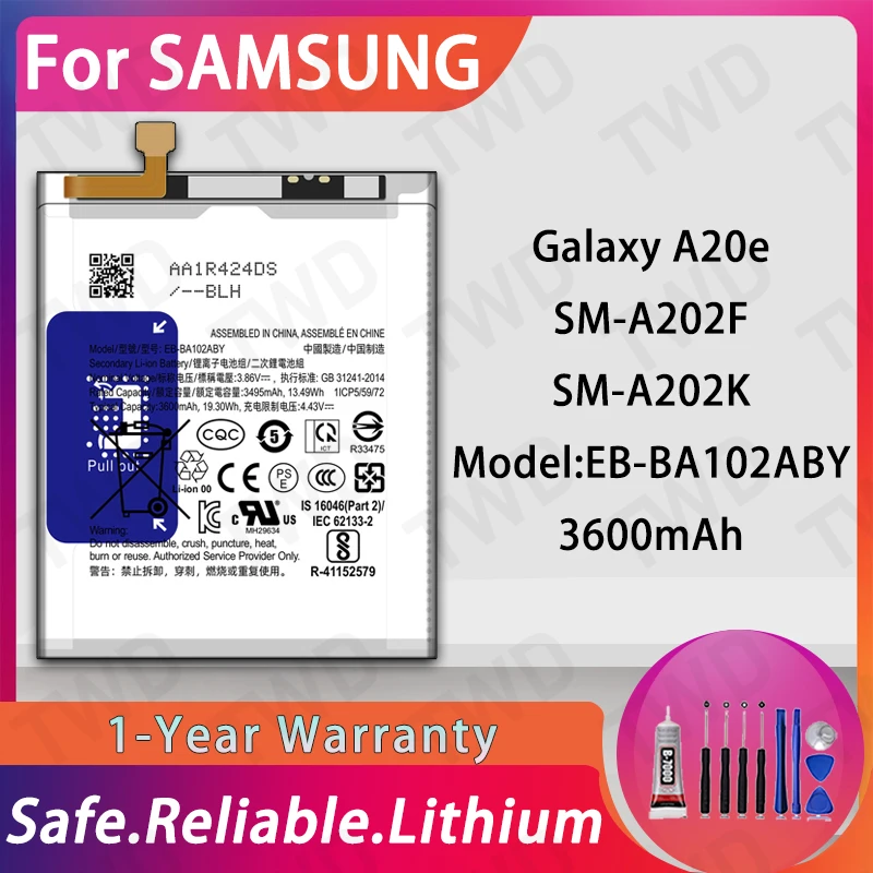 High Quality 3600mAh EB-BA102ABY Battery For Samsung Galaxy A20e SM-A202F SM-A202K Long Lasting Power +Free Tools