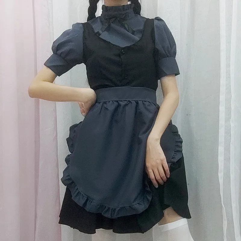 Japanese black and gray maid outfit, daily cute and sweet loli kitchen maid, cute and fresh lolita dress, oversized coswear