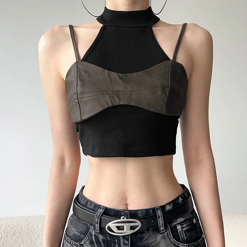 vintage suspender strap tank top women clothing PU leather bra zipper patch open shoulder vest Gothic crop tops open back