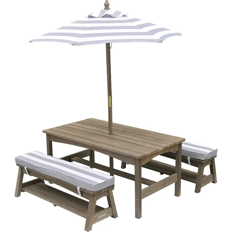 Outdoor Wooden Table & Bench Set with Cushions and Umbrella, Kids Backyard Furniture, Gray and White Stripes