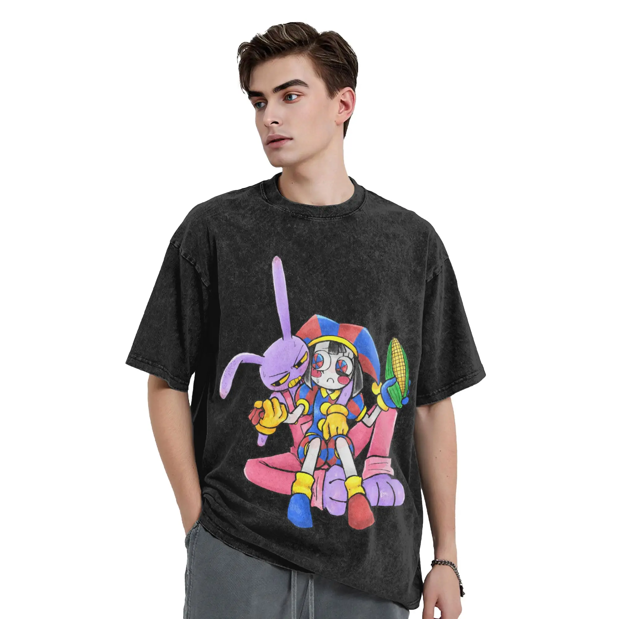 Pomni And Jax Cartoon Digitals Circus Washed T Shirt Streetwear T-Shirt Tees for Men Women Short Sleeve High Street Summer