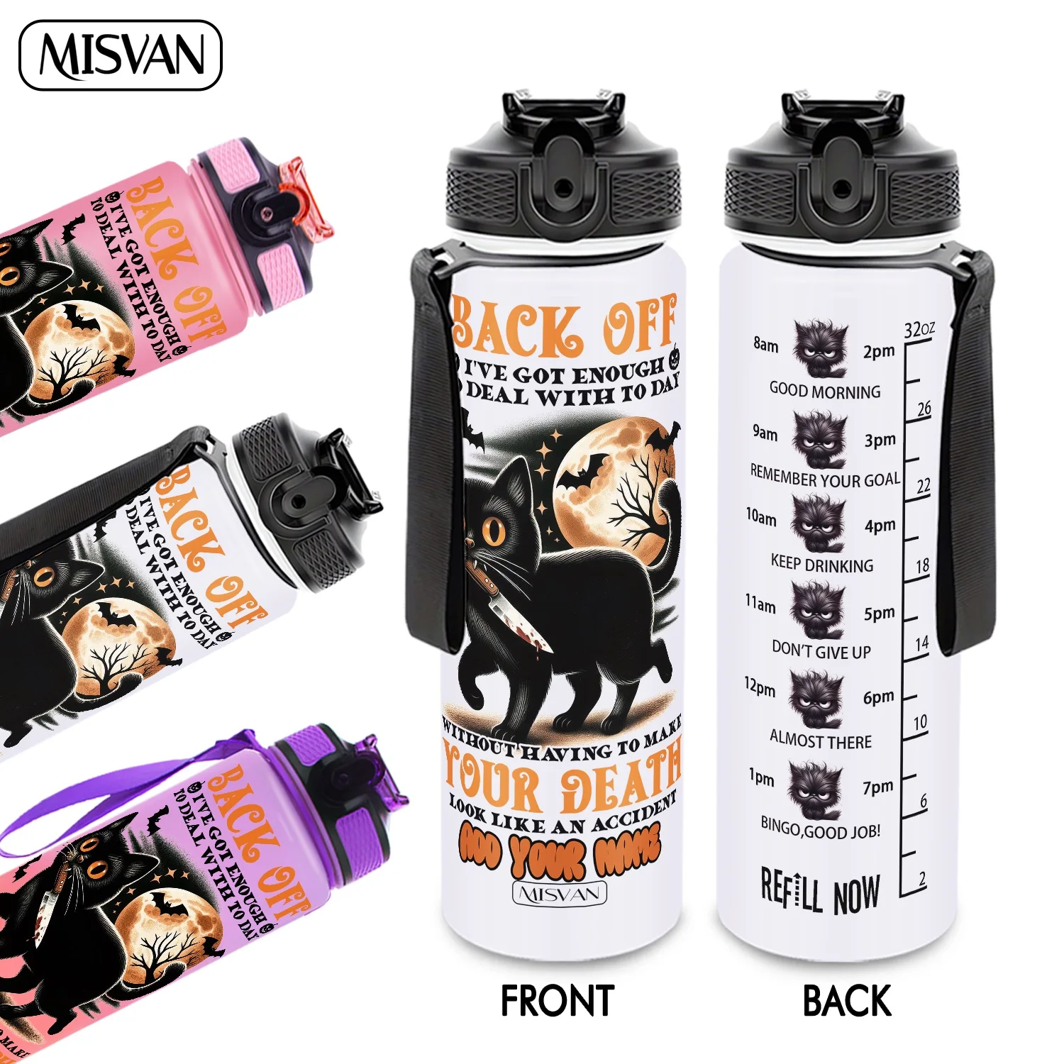 

1PC, Black Cat With Knife Moon Bat Halloween Design ,32oz Gradient Water Bottle-Leak-Proof,HD Non-Peeling Pattern,Perfect for Sp