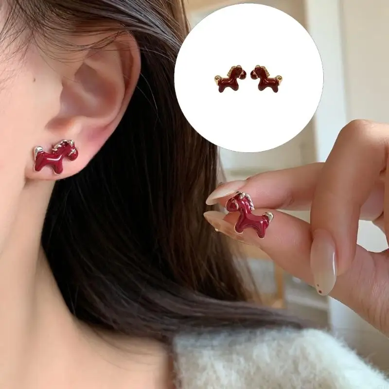  Zodiacs Sign Earrings Horse Motifs with Drip Oil Coating Stylish Ear Accessories