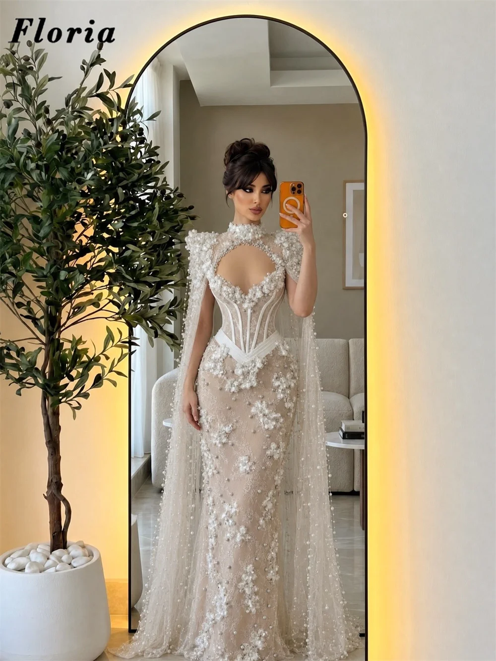 Luxury Ivory Beaded Evening Dresses Customized Pearls Floral Illusion Prom Dress Cape Sleeves Robes De Soiree Wedding Party Gown