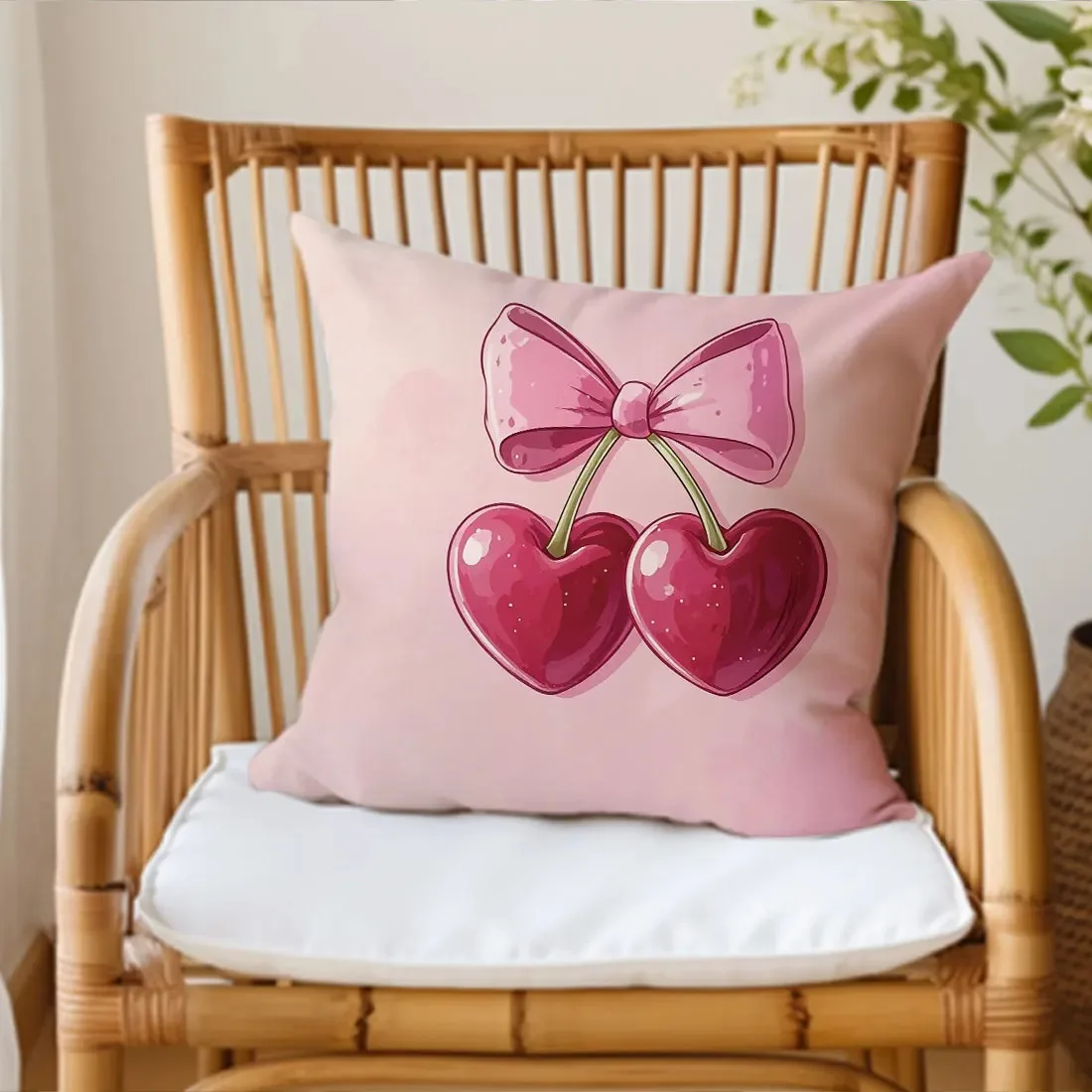Soft Pink Bow & Cherry Blossom Pillow Cover  Floral Printed Pillow Case for Sofa Living Room, Home Decor  Pillow Cover