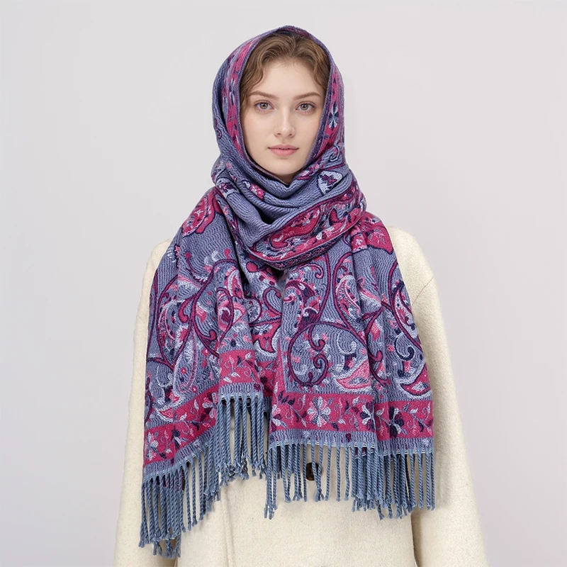 Winter Warm Thick Ethnic Style Jacquard Scarf Outdoor Women Travel Paisley Cashmere Tassel Shawl Neck Wrap Pashmina Floral