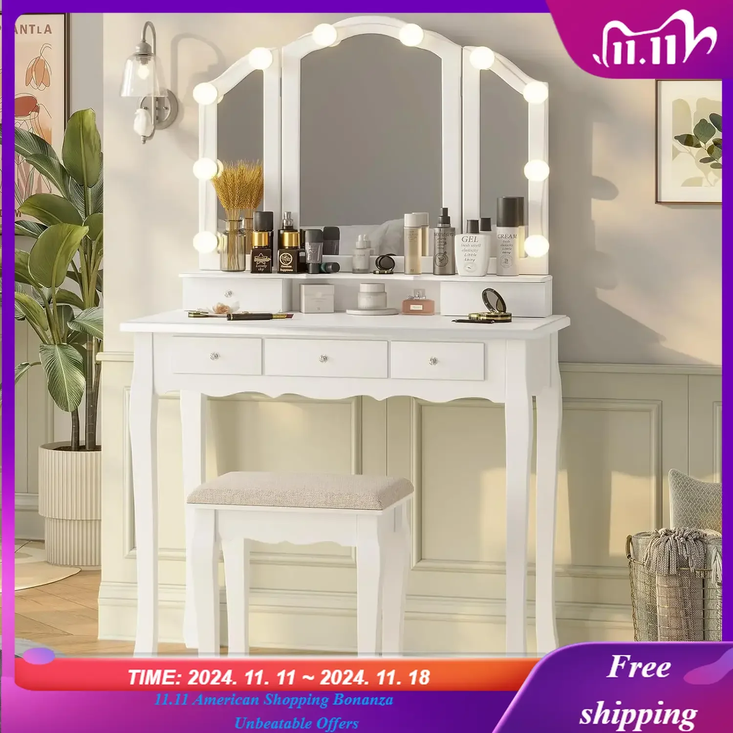 

Makeup Vanity with Lights, Vanity Desk with Lighted Mirror and Stool, Vanity Table Set with 5 Drawers,