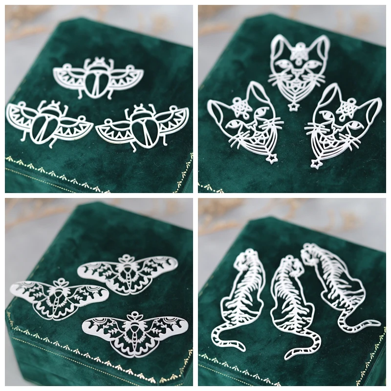 Pendientes de borlas de acero inoxidable para manualidades, joyería artesanal con diseño de mariposa, escarabajo, Tigre, Gato y Animal, 3 piezas