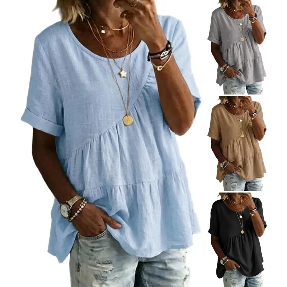 

Women T-shirt Round Neck Short Sleeve Ruffle Splicing Design Tee Shirt Pure Color Loose Fit Summer Casual Tops