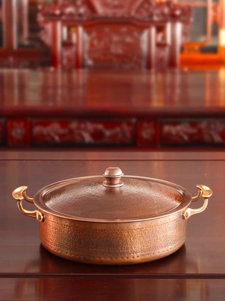 Electromagnetic stove pot, extra thick Chinese style double ear flat bottomed household pure copper skewered fragrant soup pot