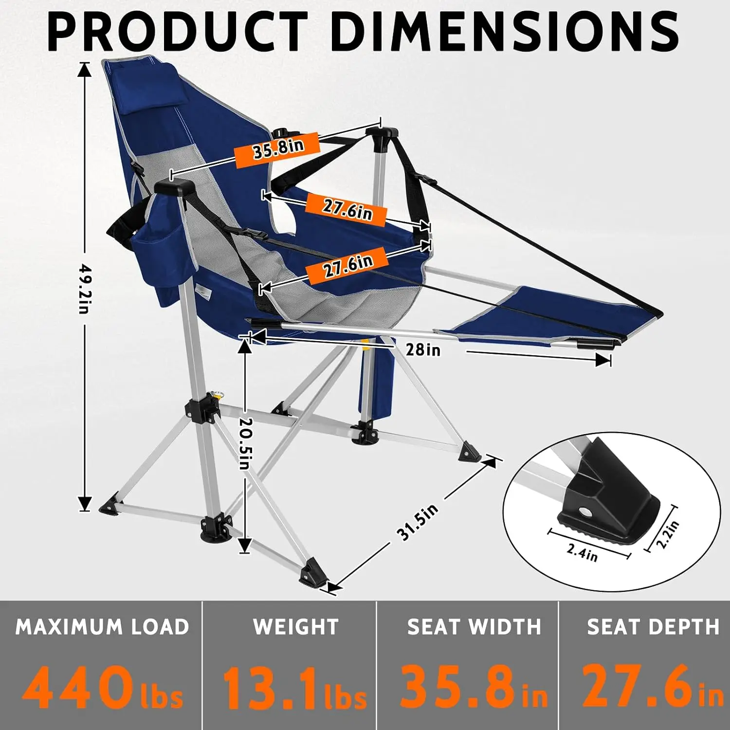 2 Pack Oversized Swing Hammock Camping Chairs Footrests Headrests 440LBS Aluminum Reclining Outdoor Lounge 49 Tall Folding Cup H