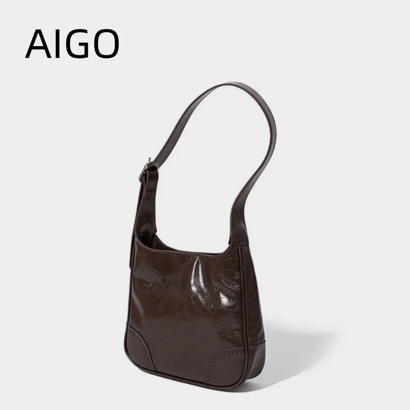 

AIGO New Women Underarm Bags Oil Wax Leather Shoulder Bags For Women Ladies Retro Tote Bag High Quality Commute Handbags Bolas