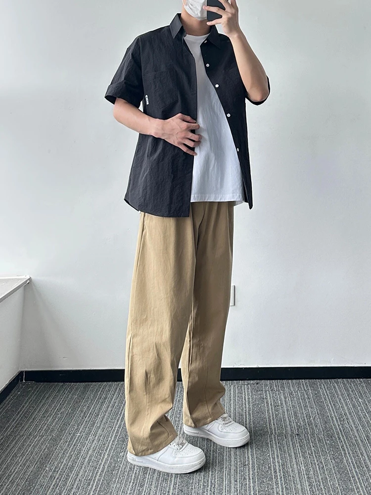 

Khaki Casual Men's Long Pants Loose Fit Pure Cotton Straight Leg Trousers for All Seasons Teenage Faion Daily Wear