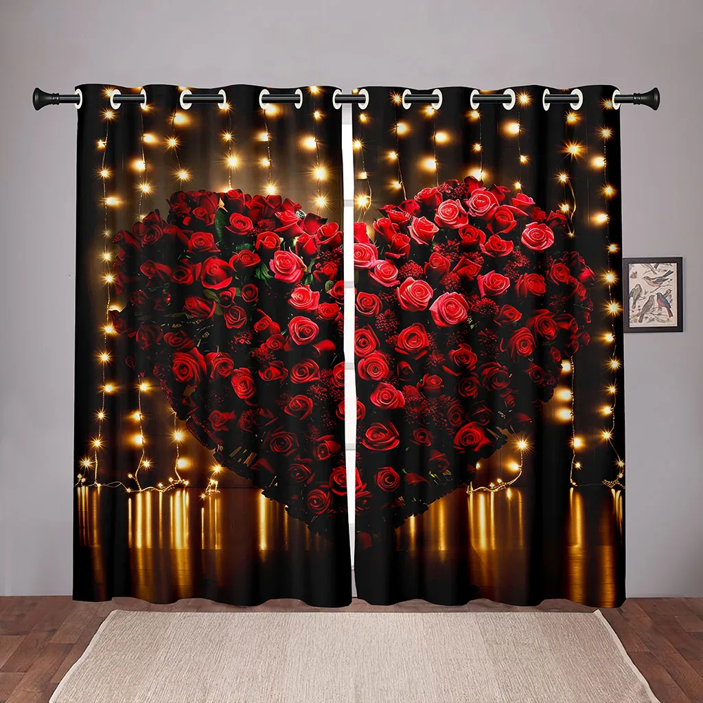 

2 Pcs Heart Rose Curtains LED String Light Decor Romantic Valentine's Theme Living Room Bedroom Window Sun Shade Curtains