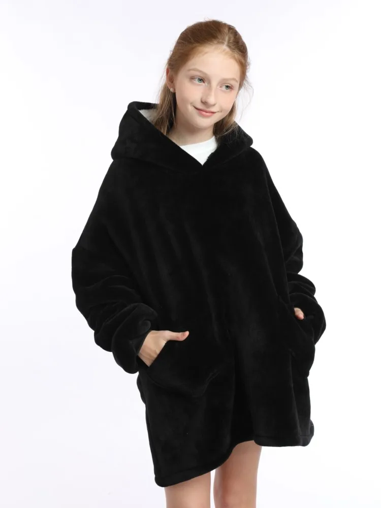 Winter Sherpa Blanket Teens Hoodie Winter Sweatshirts for Girls Boy Thick Warm Fleece TV Blankets Oversized Hooded Coat For Kids