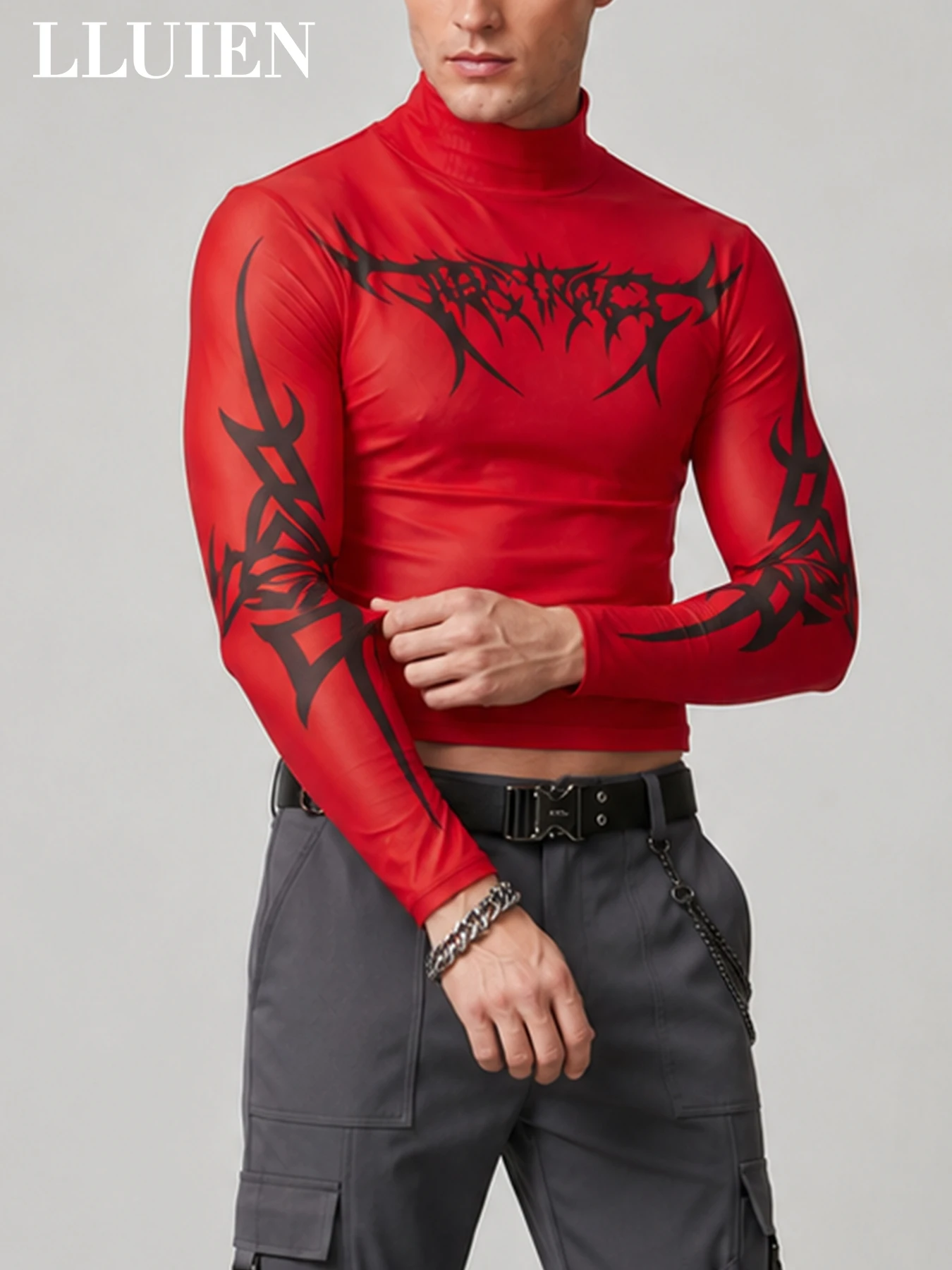 LLUIEN 2026 Neues Modisches Herren Crop-Top Langarm Rollkragen-Shirt mit Aufdruck 100% Polyester Nachtclub Mesh Enganliegendes T-Shirt – Detail 6