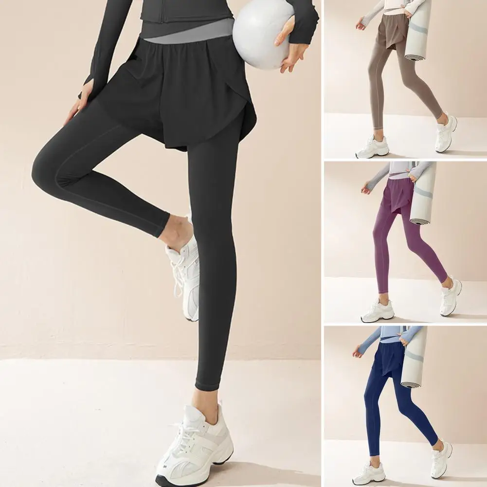 Damskie spodnie do jogi sportowej z wysokim stanem, legginsy do ćwiczeń fitness, spódniczka na pasek do połowy łydki, imitacja dwuczęściowego kompletu, elastyczne legginsy fitness