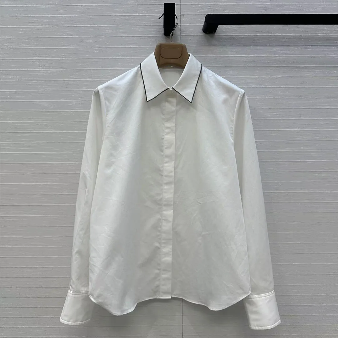 

New Autumn Casual Loose White Color Design Shirt Women Beading Lapel Long Sleeve Elegant Office Lady Cotton Blouse