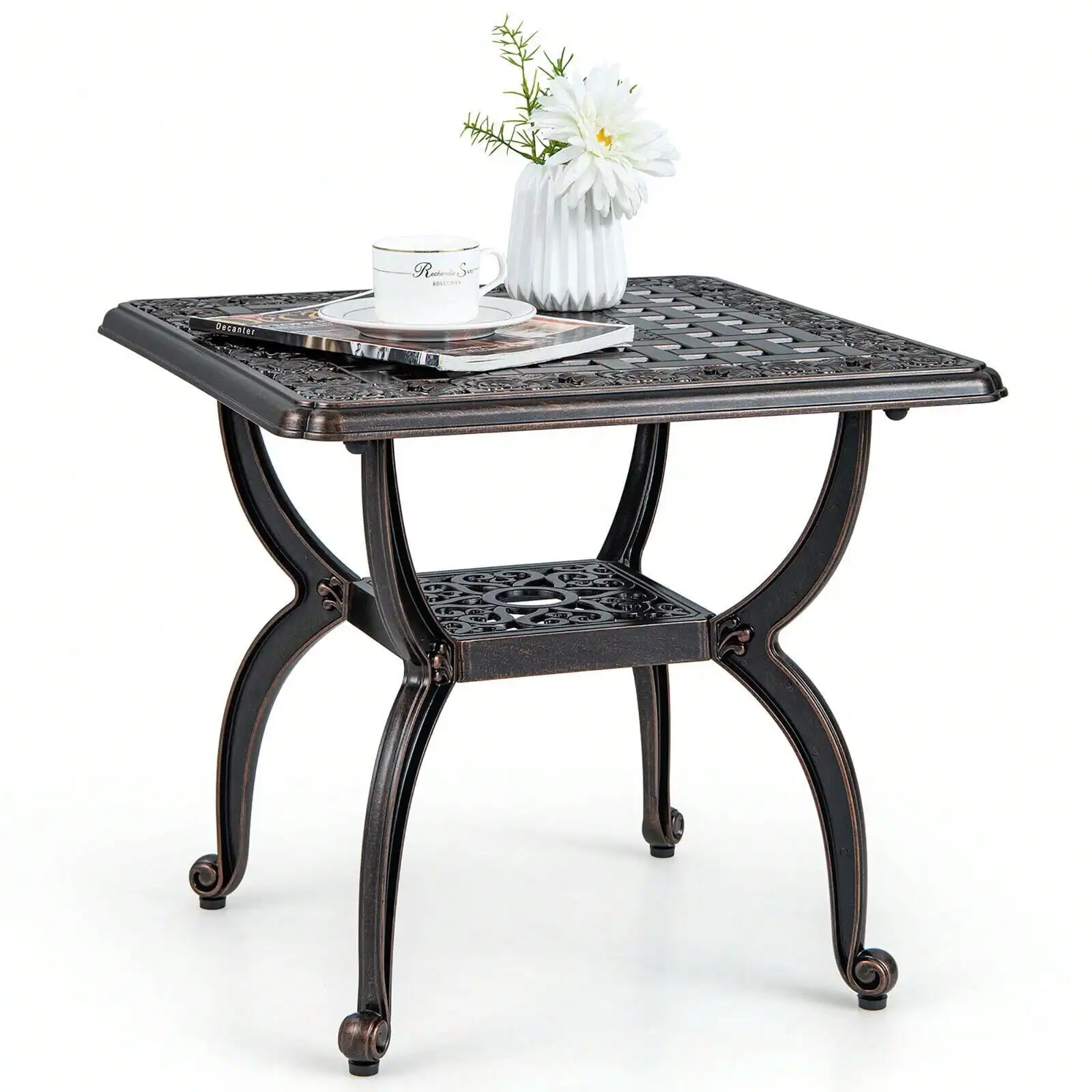 

21'' Cast Aluminum Outdoor Side Table Patio Square Coffee Table w/ Storage Shelf