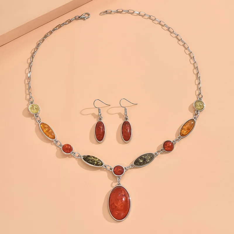 Fashion Vintage Colorful Stone Necklace Earrings Sets Ethnic Style Jewelry Set Retro Women\'s Accessories Gifts For Lady