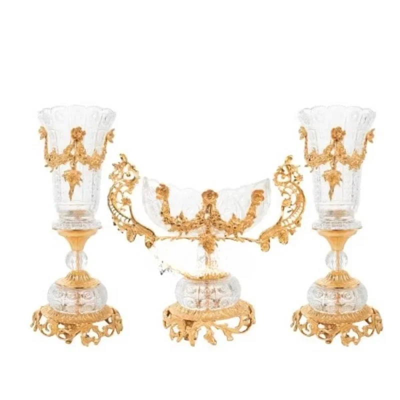 

Набор декоративных ваз ручной работы из цельной латуни с кристаллами: двойная ваза с классической центральной чашей