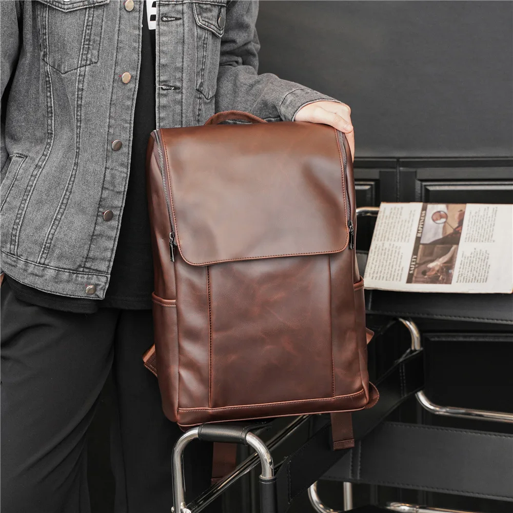 Vintage PU Leather Backpack Outdoor Student Bookbag Casual Rucksack Laptop Bag for Men