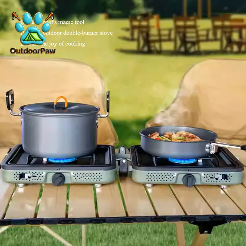 Double Fire Gas Stove Folding Strong Fire Burner Windproof Outdoor Camping Stove Non-Stick Pan Electronic Ignition Hot Pot Stove