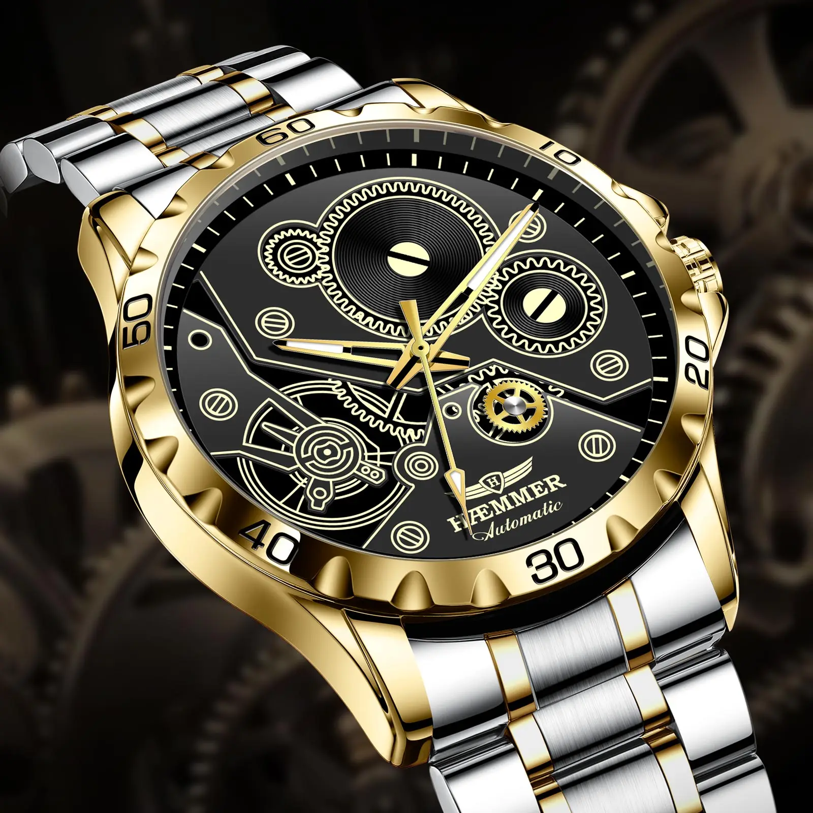 

HAEMMER Design Man Watch Gear Mechanical Luminous Style Stainless Steel Waterproof Mechanical Watch Men's Clock Relojes Hombres