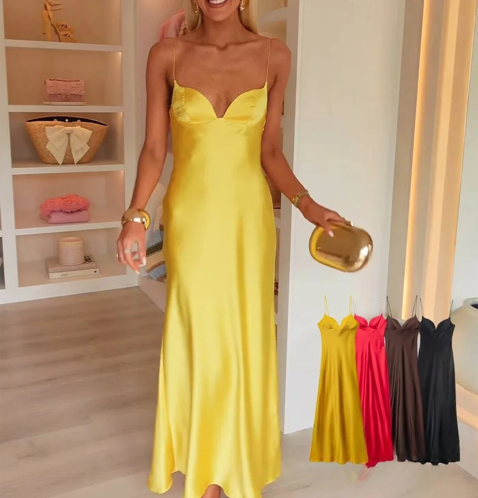 KONDALA elegante otoño vestido camisola de satén sólido escote corazón vestido largo nueva moda verano 2025 vestido de fiesta de noche vacaciones Mujer