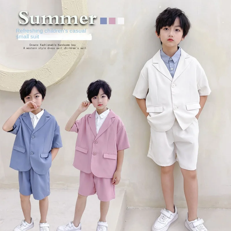 2-12Y Boys suit summer handsome short-sleeved casual children's baby small suit dress children suit three-piece set 90-140cm