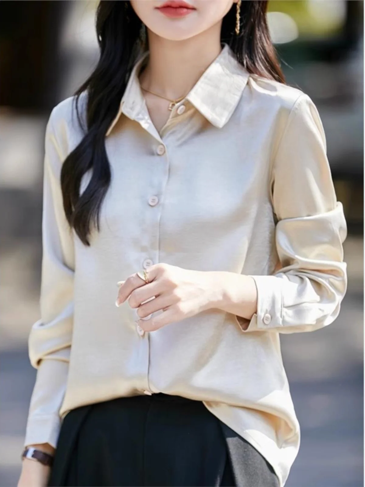 Início da primavera 2025 gola de seda de alta qualidade feminina irt cor pura emagrecimento casacos de seda coreano sle longo sve