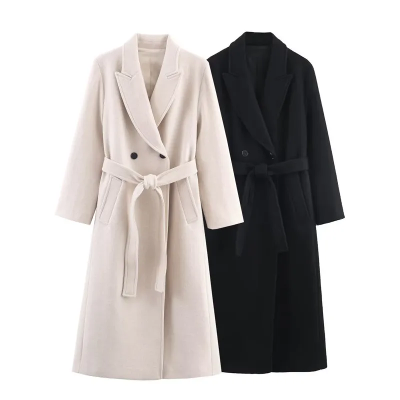 

Autumn Women Long Wool Coat with Belt Casual Turn Down Collar Long Sleeve Double-Breasted Outerwear Female Chic Overcoat