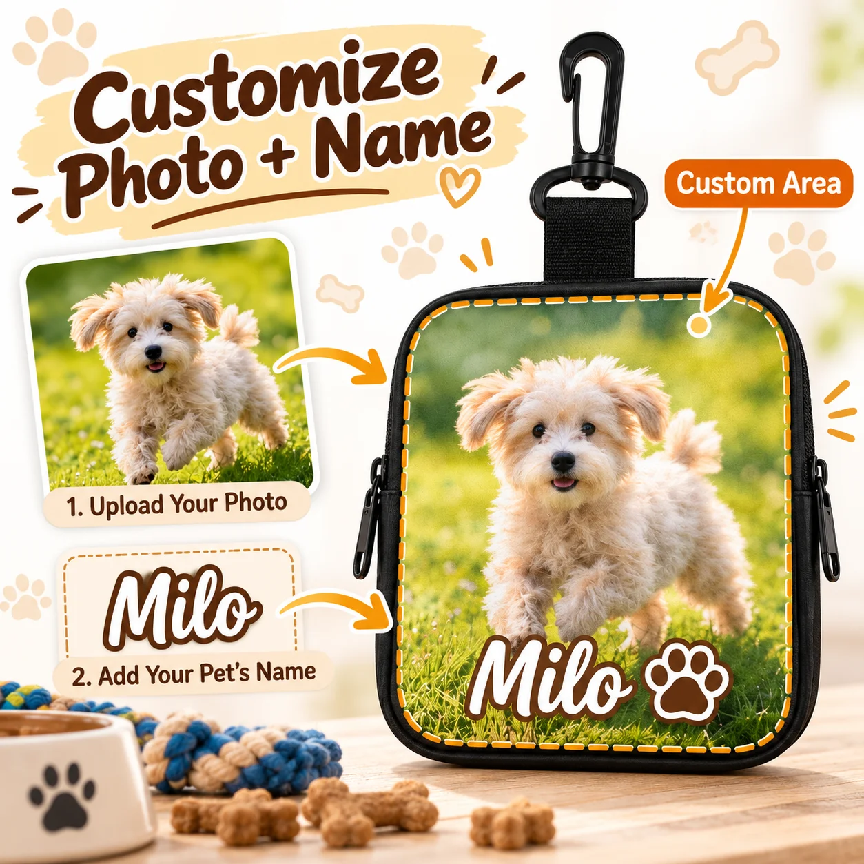 Custom Dog Training Treat Pouch Personalized Picture Name Print Snack Bag Portable for Walk Outdoor Puppy Training Pet Supplies