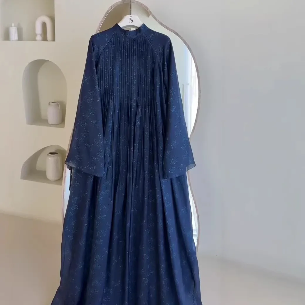 Langes Kleid für Damen, Rundhalsausschnitt, A-Linie, Vestidos, plissiert, volle Ärmel, elegant, locker, Y2k, Streetwear, Arbeit, Blumendruck, Sommer