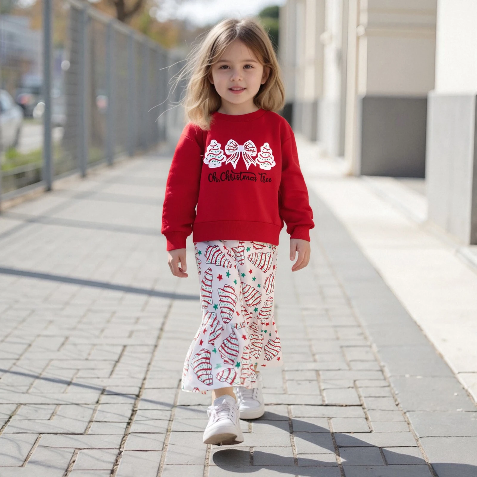 2026 السنة الجديدة طفل فتاة صغيرة زي عيد الميلاد شجرة القوس زين Crewneck البلوز وسراويل مضيئة 2 قطعة الشتاء الخريف مجموعة