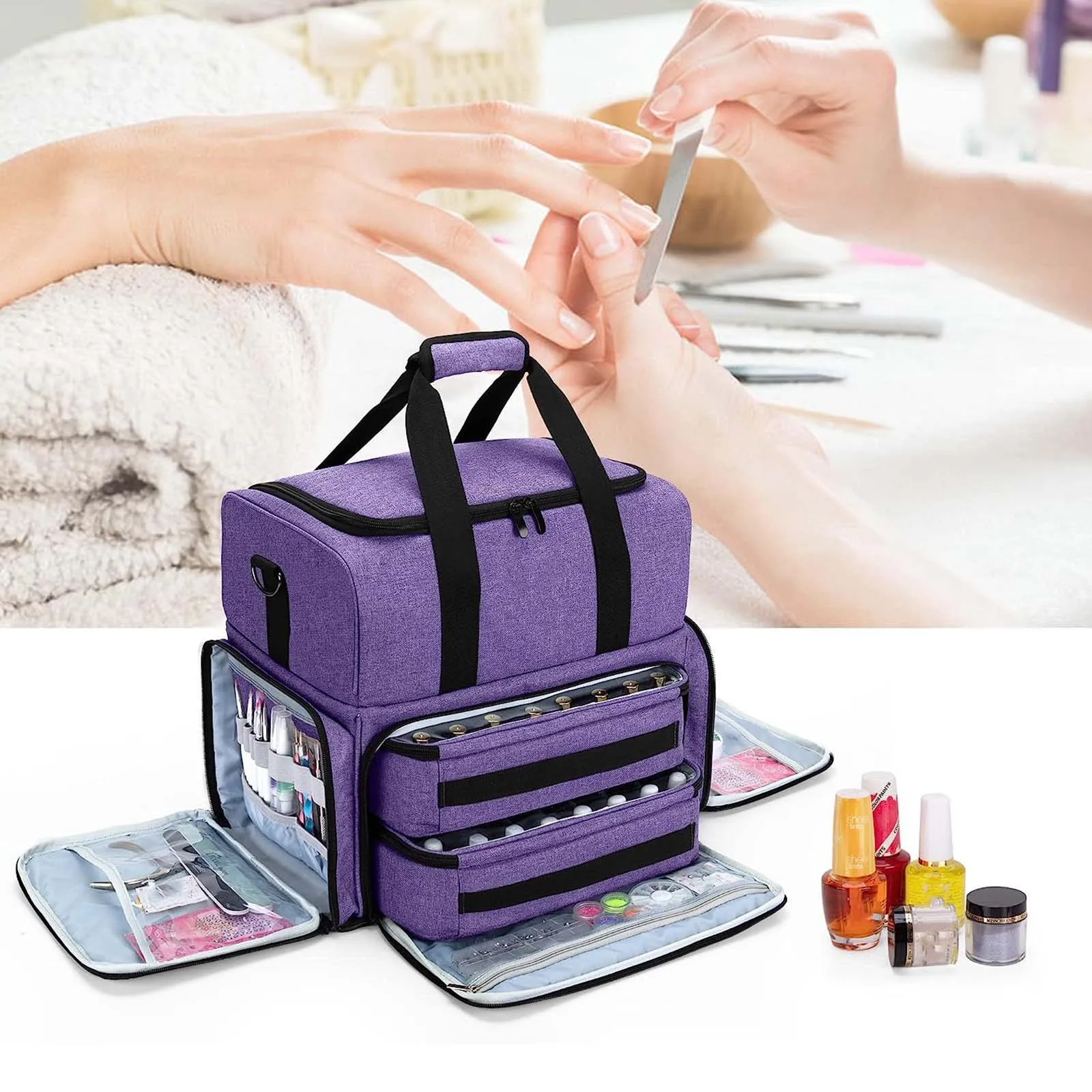 Nail Polish Storage Bag for Manicure Sets Portable with 2 Removable Pouch Nail Polish Case Nail Polish Holder Toiletry Case