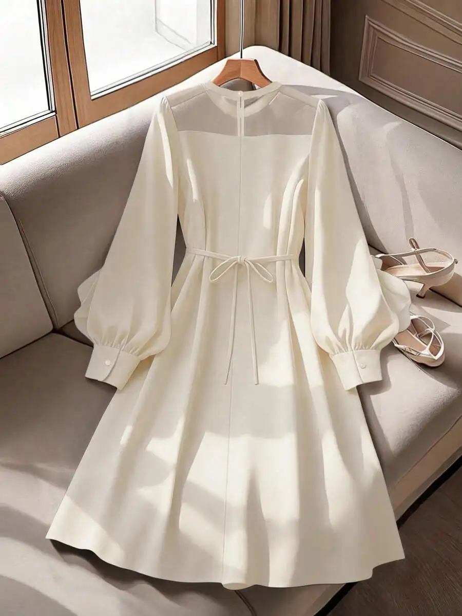 

Elegant Plus Size Women Solid Color Round Neck Long Sleeve A-Line Dress With Sash