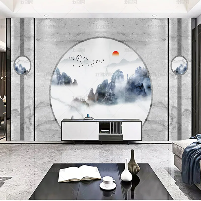 Custom 3D New Chinese style marble round landscape wallpaper mural supporting sofa TV living room background wall 8d bedroom