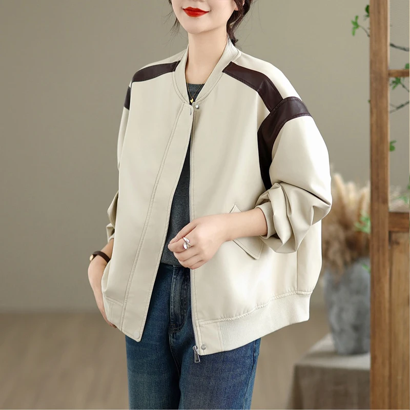 Masss Wasss 2025 otoño mujer ocio Vintage Patchwork talla grande chaquetas de piel sintética señoras cortavientos sueltos moda PU abrigos
