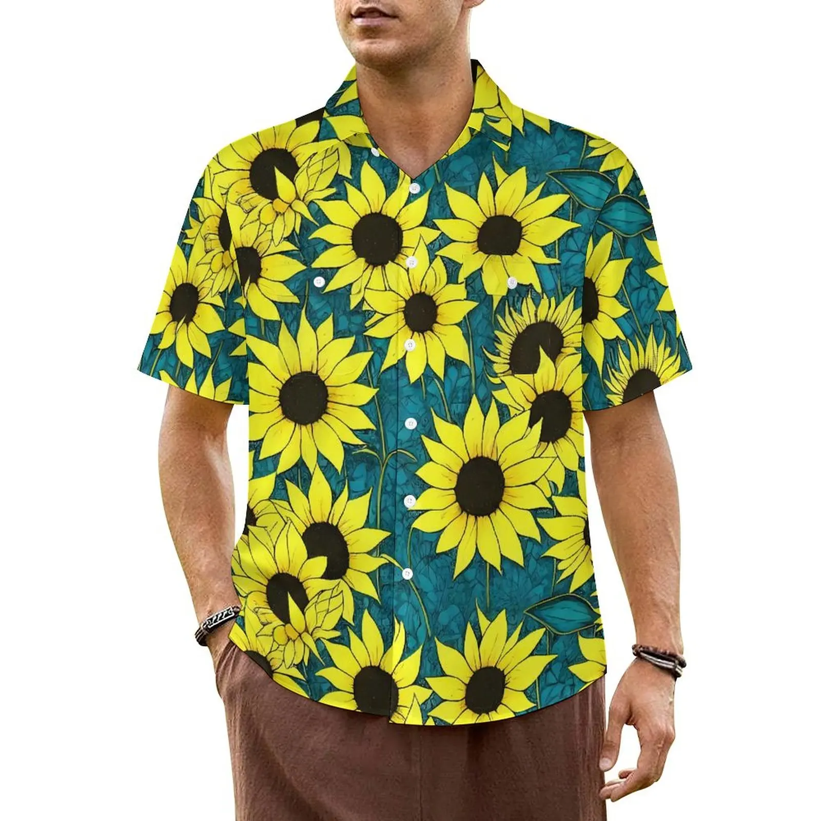 

Sunflower Print Hawaii Shirt For Man Vacation Yellow Flowers Casual Shirts Short-Sleeve Streetwear Elegant Plus Size 6XL Blouses