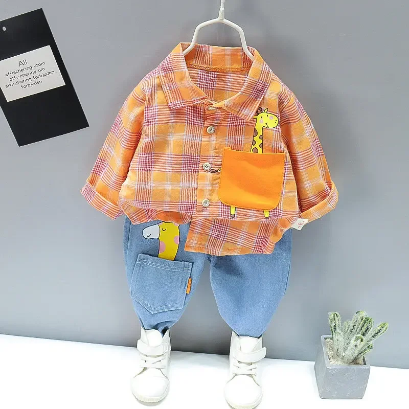 Autumn Spring Kids Boy Fashion Cartoon Clothing Set Kid Suits Set Plaid Shirt Pants 2pcs/set Children Clothes Set 1 2 3 4 5 Year