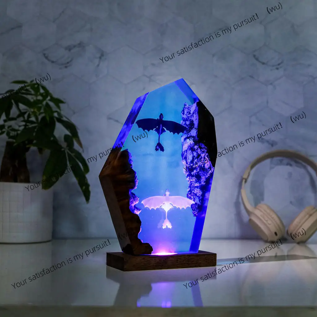 Black White Dragon USB Resin Lamp, Epoxy LED Night Light with Dual Color Lighting