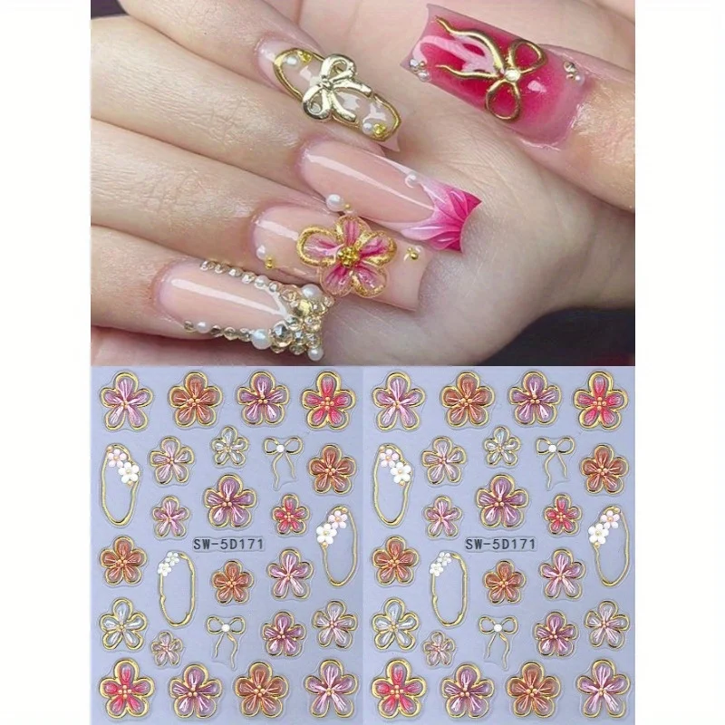 1 unidad de pegatinas para uñas de flor de hibisco de línea dorada 5D, marco cuadrado asimétrico metálico en relieve, pétalos florales rosas y rojos, lazo DIY