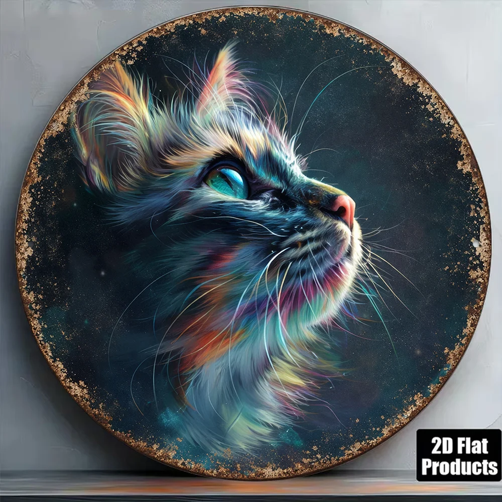 2D Flat, 1pc 8x8 Inch / 20x20cm 2D Flat Round Aluminum Sign, Vintage Cat-Themed Aluminum Plaque, Colorful Cat Art Decorative Sig