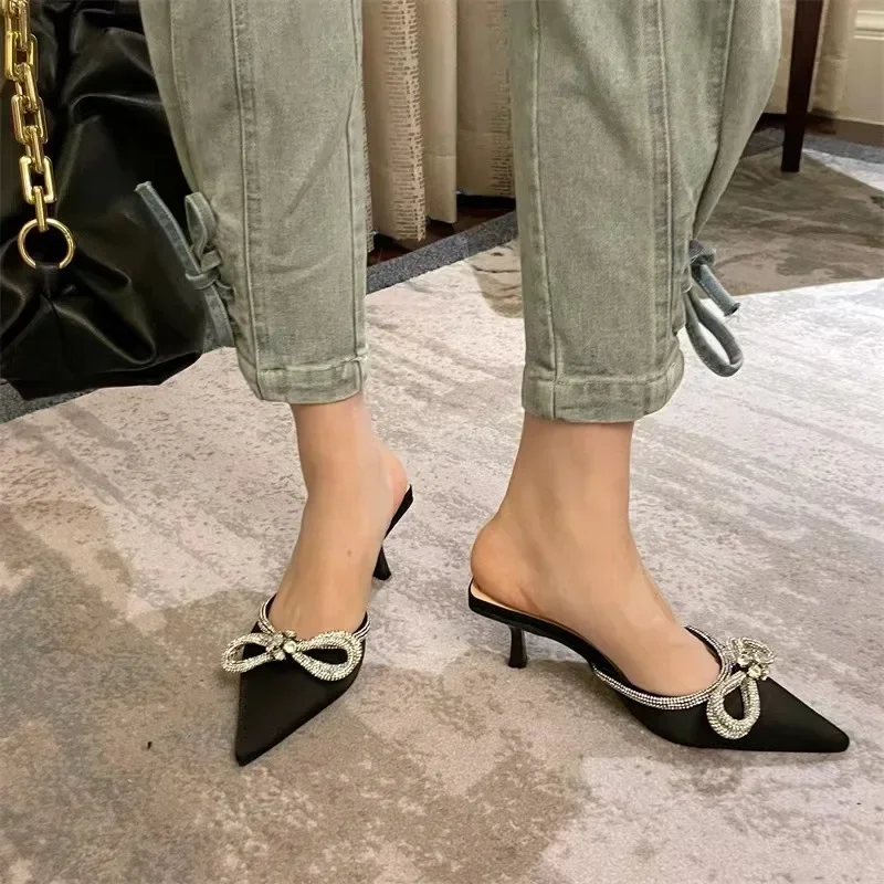 Women Fashion High Heel Slippers Rhinestone Woman Pump Crystal Bowknot Ankle Strap Ladies Prom Shoes Women High Heel Party Shoes